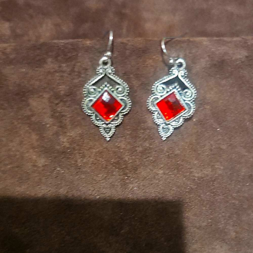 Elegant Silver and Red Dangle Earrings Very Pretty